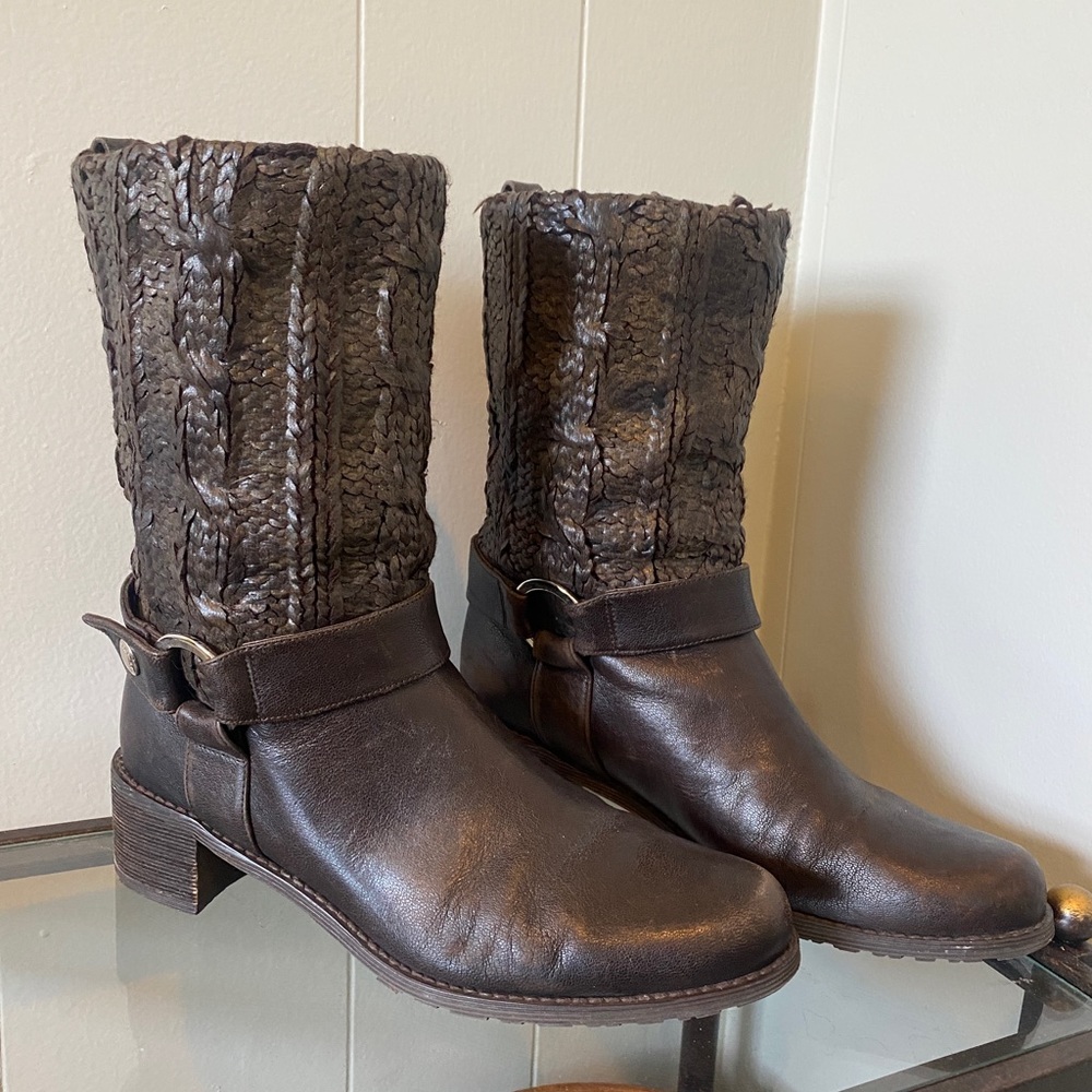Stuart Weitzman Pimlico Womens Brown Lacquered Knit Mid Calf Boots - Picture 3 of 6